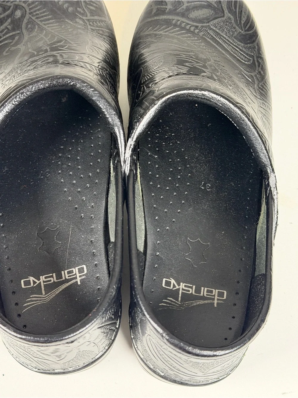 Dansko Black Embossed Leather Slip-On Clogs size 37
